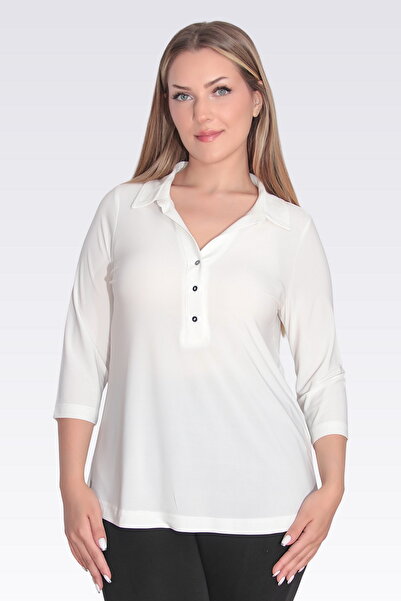 TOLGA SARAÇOĞLU 10692 Ecru Polo Neck Three-Quarter Sleeve Knitted Blouse