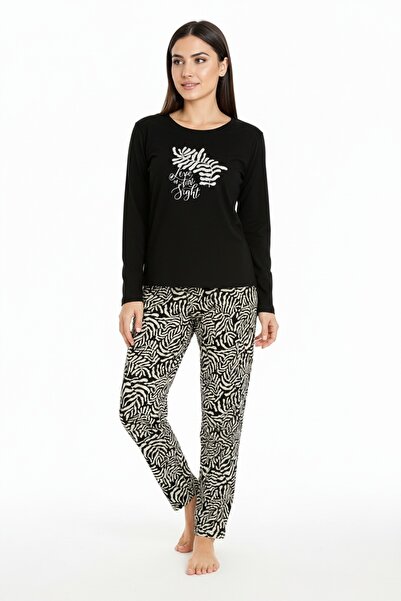 Bravie Elite Viscose Long Pajama Set with Six Patterns and Writing on the Top Black 3557