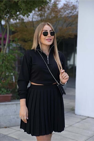 QİMYA BUTİK Buketli̇ Women's Steel Pleated Mini Skirt Set