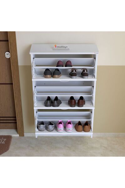 Modilayn MİHRA 72 X 112 X 25,5 cm Düşer Kapaklı 3 Katlı Ayakkabılık -Beyaz