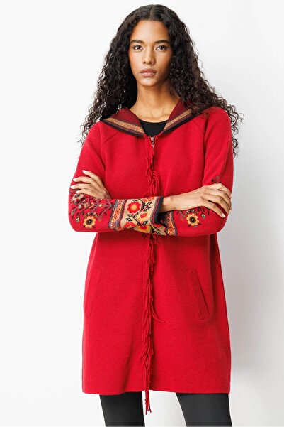 Desen Triko Women's Hooded Kilim Jacquard Tassel Wool Coat Dark Red