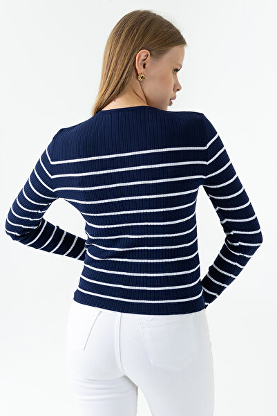 GİYSA Жіночий велосипедний комір у смужку з візерунком Трикотажний боді Синій - 25K 2059