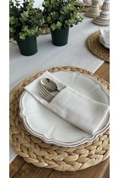 Decamor home 6 Pieces Linen Textured Ecru Fabric Spoon Rest 10 X 24 cm