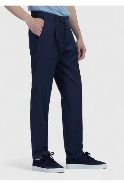Ramsey Navy Blue Plain Fabric Slim Fit Casual 100% Wool Trousers