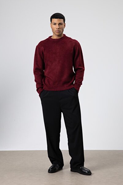 VAMOSCLO سترة كبيرة الحجم ذات ملمس ناعم وياقة دائرية باللون الأحمر الداكن