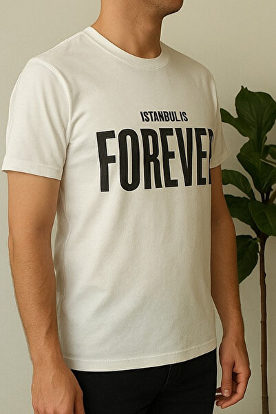 RANDOM Erkek Beyaz İstanbul's Forever Yazı Baskılı Bisiklet Yaka Tişört