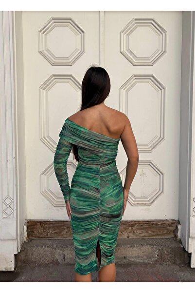 WOWBUTİK Drapeli Lined Tulle Fabric Single Sleeve Slim Fit Patterned Lycra Tulle Pencil Evening Dress 583326 Emerald