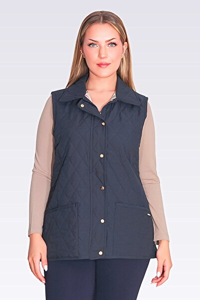 TOLGA SARAÇOĞLU 70043 Dark Blue Plaid Lining Detail Lightweight Fiber Quilted Vest
