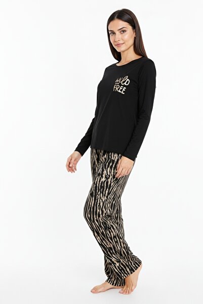 Bravie Elite Viscose Long Pajama Set with Six Brown Zebra Patterns with Writing on the Top Black 3553