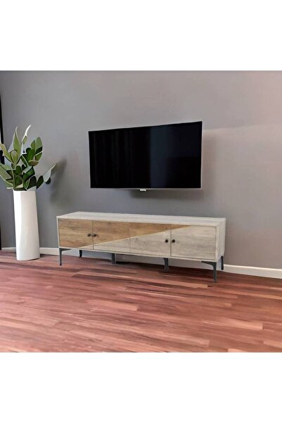 Crestj حامل تلفزيون خشبي مع أدراج || رمادي - بني