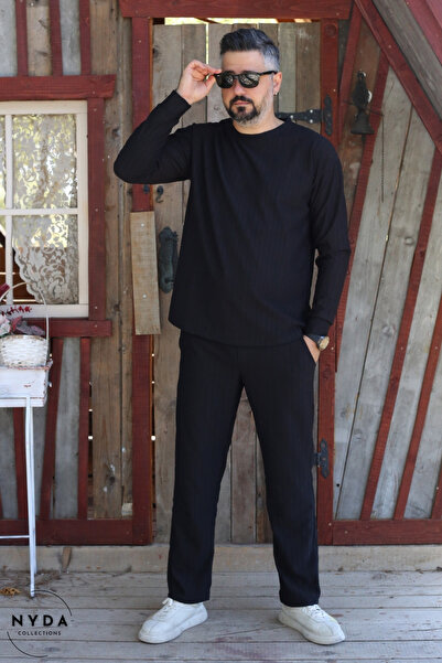 Nyda Collections Men's Corduroy Striped Regular Long Sleeve Sweatshirt with Pockets Elastic Waist Lace-Up Pants Set