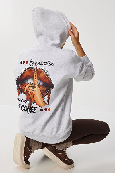 Lovelyİstanbul Πλεκτό φούτερ με κουκούλα με στάμπα LFW0011 ΓΚΡΙ ΜΕΛΑΝΙ