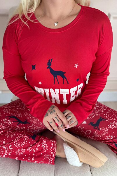 Pijamaevi Red Deer Winter Patterned Thermal Women's Pajama Set