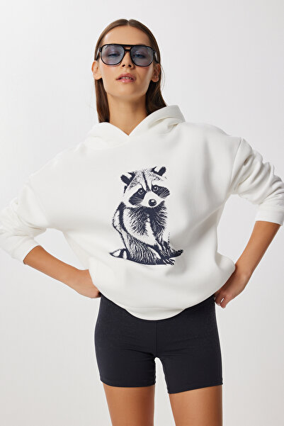 Lovelyİstanbul Πλεκτό φούτερ με κουκούλα με στάμπα LUB0258 EKRU