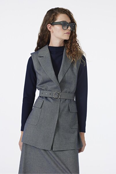 Zühre Double-Breasted Collar Belt and Pocket Detailed Indigo Combination Suit Tk-1693