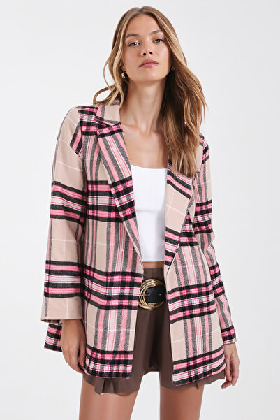 armonika Women's Light Beige Men's Collar Oversize Jacket with Slits on the Sides Arm-26K001009