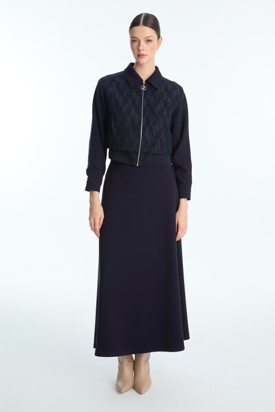 Zühre Patterned Zippered Jacket Skirt Navy Blue Double Suit Tk-1710