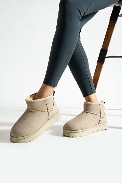 Mustafa SEVEN Yüksek Mini Classic Süet Tüylü Kadın Bot - Bej