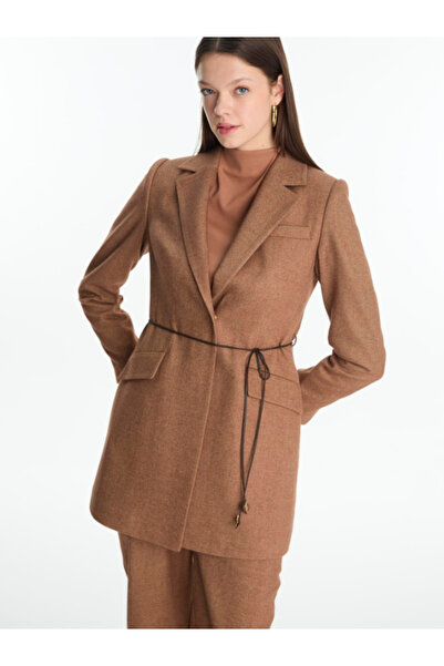 Zühre Women's Double Breasted Collar Leather Rope Detailed Tan Combination Suit Tk-1694