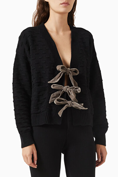IZAAK AZANEI Velvet Bow Cardigan, Siyah Şık ve Lüks Kadın Triko Hırka