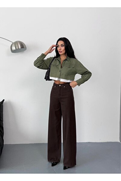 Zeo Basic KADIN KAHVERENGİ BAGGY JEAN YÜKSEK BEL GENİŞ PAÇA KOT PANTOLON