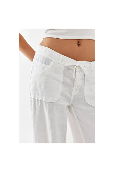 VibeGaia Women's White Pocket Straight Cut Linen Trousers
