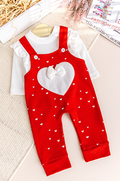 Babymod Heart Patterned Bow Baby Girl Jumpsuit Salopet Set