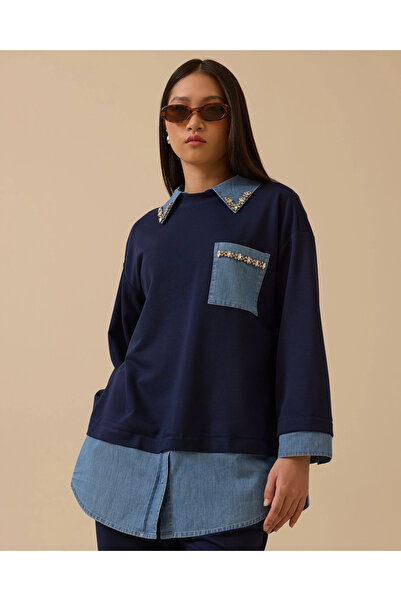 SCL Double Fabric Stone Detailed Sweatshirt