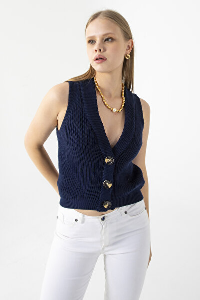 GİYSA Women's V-Neck Button Closure Knit Vest Navy Blue - 25K 2210