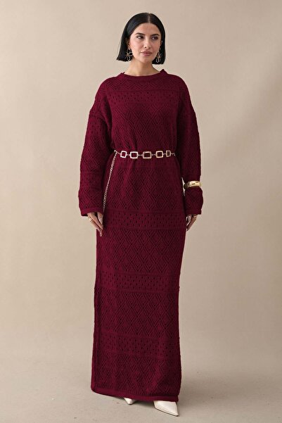 InStyle Desenli Ajurlu Bordo Triko Elbise