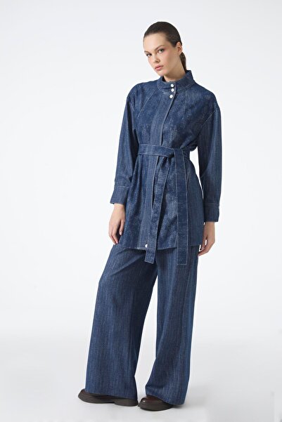 Zühre Belted Jacket Trousers Navy Blue Double Suit Tk-1718