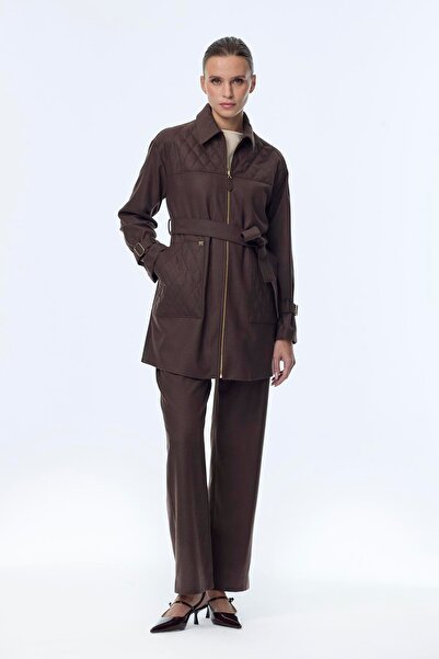 Zühre Zipper and Belt Detail Jacket Pants Double Brown Set Tk-1634
