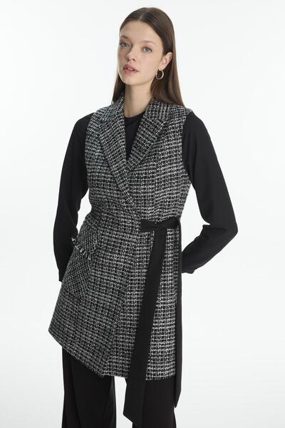 Zühre Tweed Patterned Belt Detailed Black Double Suit Tk-1389