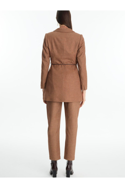 Zühre Women's Double Breasted Collar Leather Rope Detailed Tan Combination Suit Tk-1694