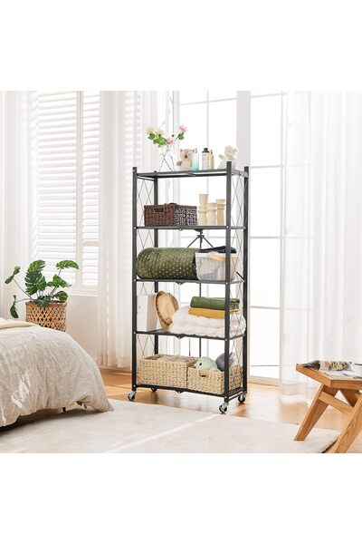 Generic أرفف تخزين قابلة للطي بخمس طبقات مع عجلات، وحدة رفوف معدنية قابلة للطي، متينة ولا تحتاج إلى تجميع