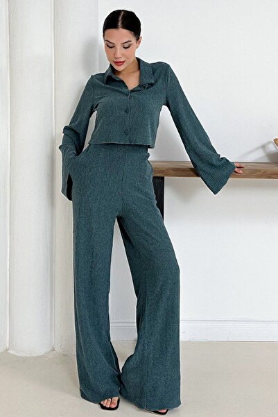 VAGGON Women's Mint Wide Sleeve Crop Shirt and Elastic Waist Trousers Ribbed Set Vs01256