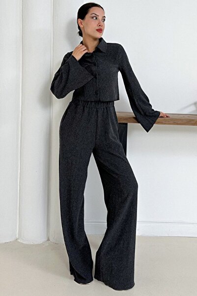 VAGGON Women's Anthracite Wide Sleeve Crop Shirt and Elastic Waist Trousers Ribbed Suit Vs01256