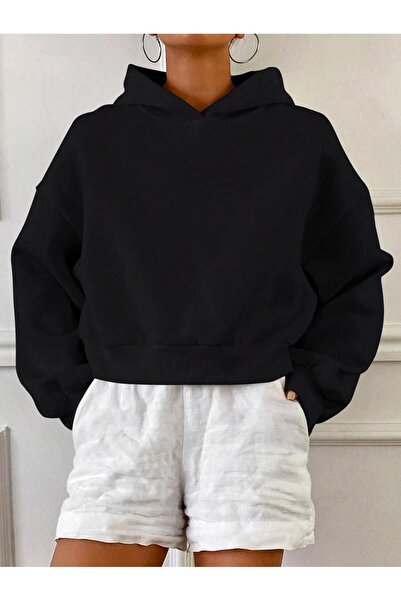 BRZ COLLECTION Relaxed Fit Basic Crop Hoodie Siyah
