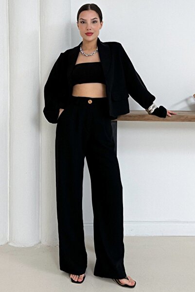 VAGGON Women's Black Pocket Accessory Crop Lined Jacket and Double Pocket Pants Set Vs01254