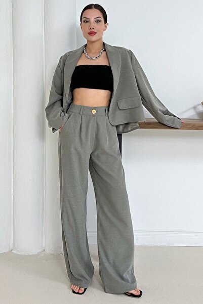 VAGGON Women's Khaki Pocket Accessory Crop Lined Jacket and Double Pocket Pants Set Vs01254