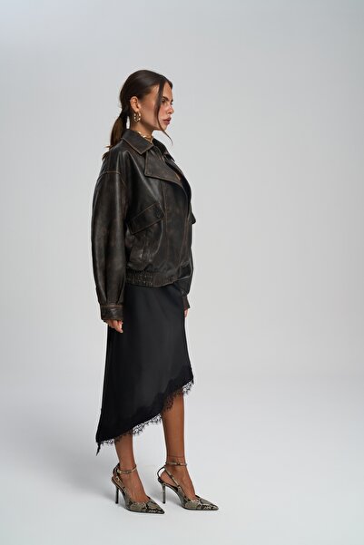 BOHEMAİ Fusta din satin negru cu detaliu din dantelă Lina