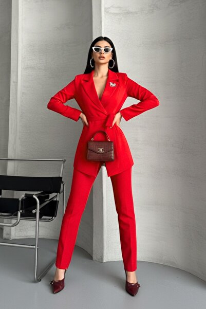 spirituel Kadın İkili Alt Üst Takım Şık Kuşaklı Drapeli Broş Detaylı Blazer Ceket Boru Paça Pantolon Takım