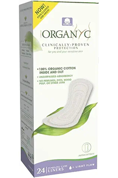 Organyc فوط صحية يومية من القطن العضوي بنسبة 100% للبشرة الحساسة، خفيفة الوزن، معبأة بشكل مسطح، 24 قطعة