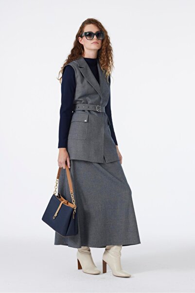 Zühre Double-Breasted Collar Belt and Pocket Detailed Indigo Combination Suit Tk-1693