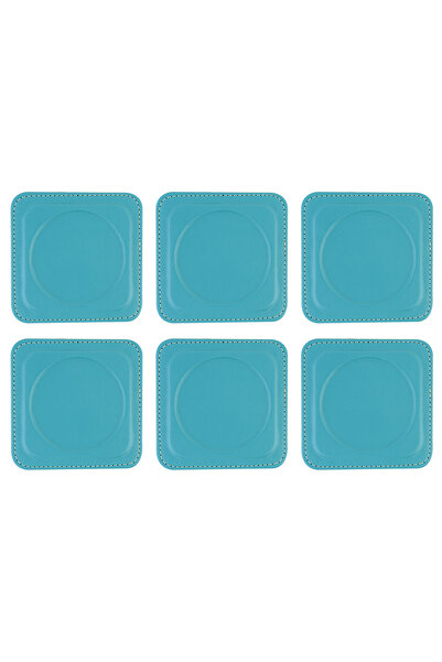 2K Coasters, Set of 6, Desktop Round Cup Coaster, Vegan Faux Leather, 11X11 Cm., Turquoise