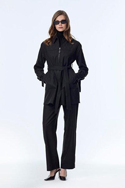 Zühre Zipper and Belt Detail Jacket Pants Two-Piece Black Set Tk-1634