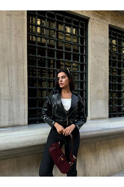 Bleu Petite Jachetă de damă din piele artificială cu detaliu curea