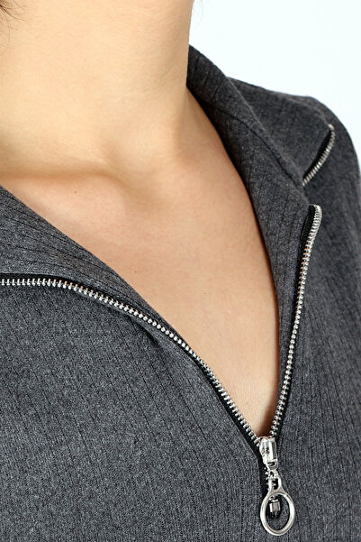 armonika Women's Smoked Collar Zippered Soft Textured Above Knee Dress Arm-26K001018