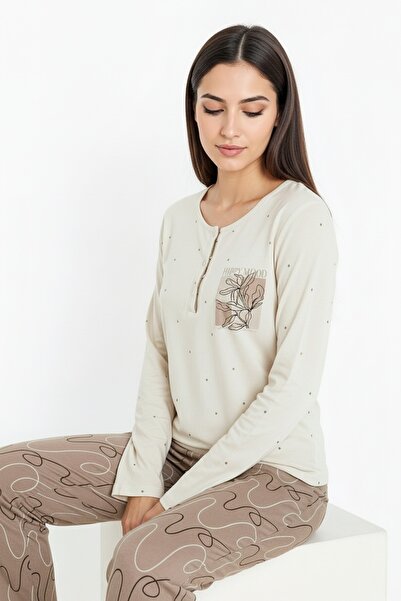 Bravie Elite Viscose Long Pajama Set with Polka Dots on Top and Six-Line Pattern on the Bottom Cream 3569