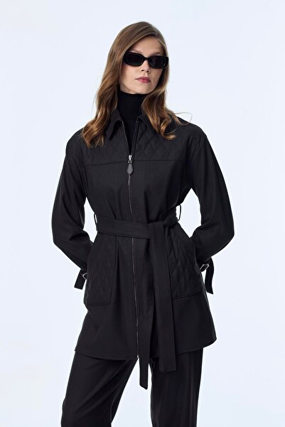 Zühre Zipper and Belt Detail Jacket Pants Two-Piece Black Set Tk-1634